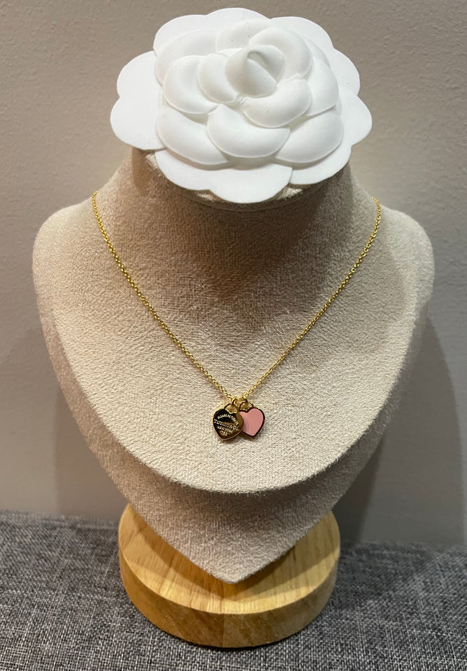 Double Pink Heart Pendant Necklace - N026