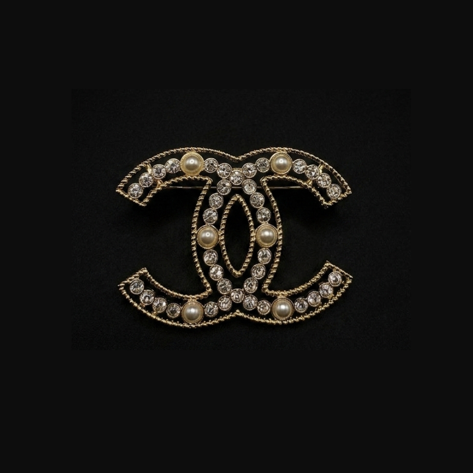 Crystal and Pearl Embellished CC Brooch - BR002