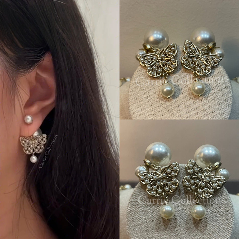 CD Double Pearl Butterfly Earrings - E041