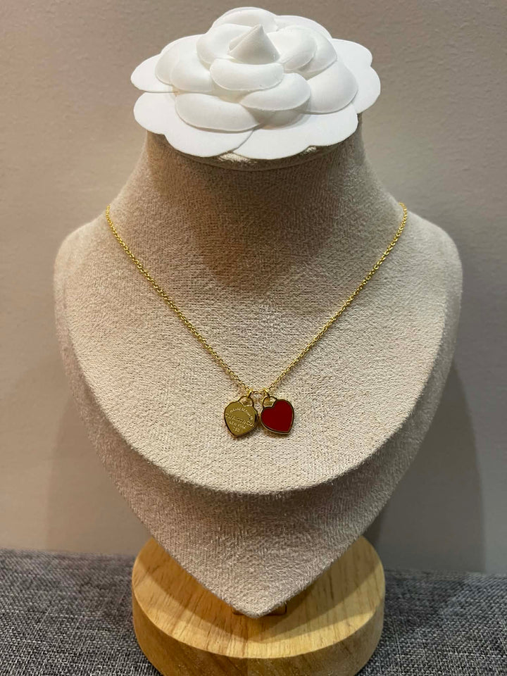 Double Red Heart Pendant Necklace - N003