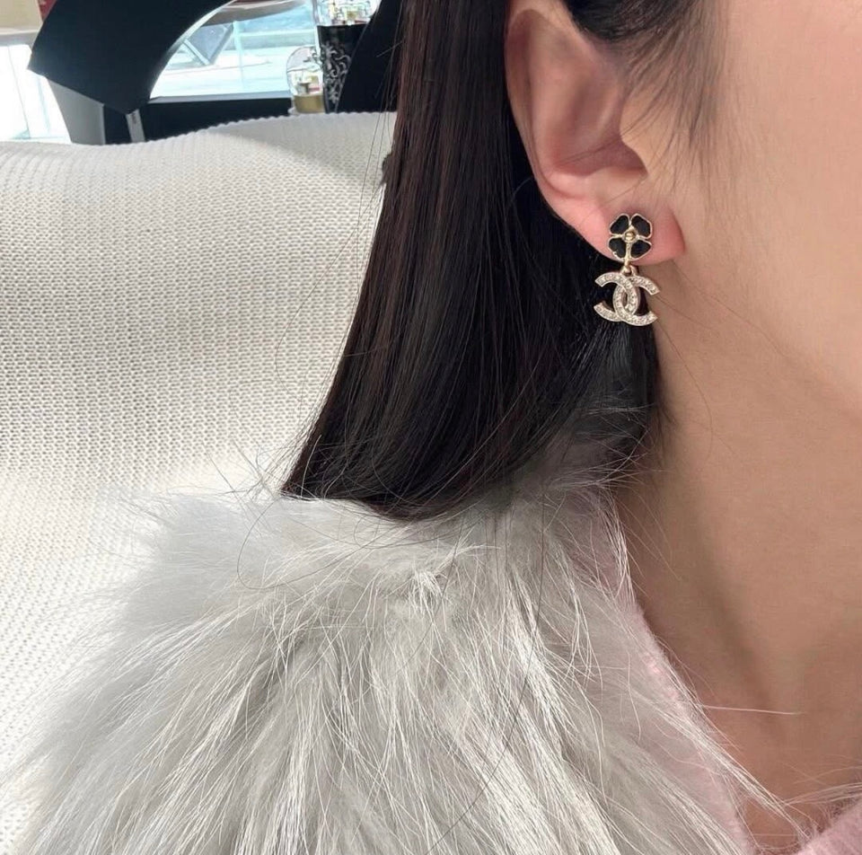 Camellia Black CC Stud Earrings - E029