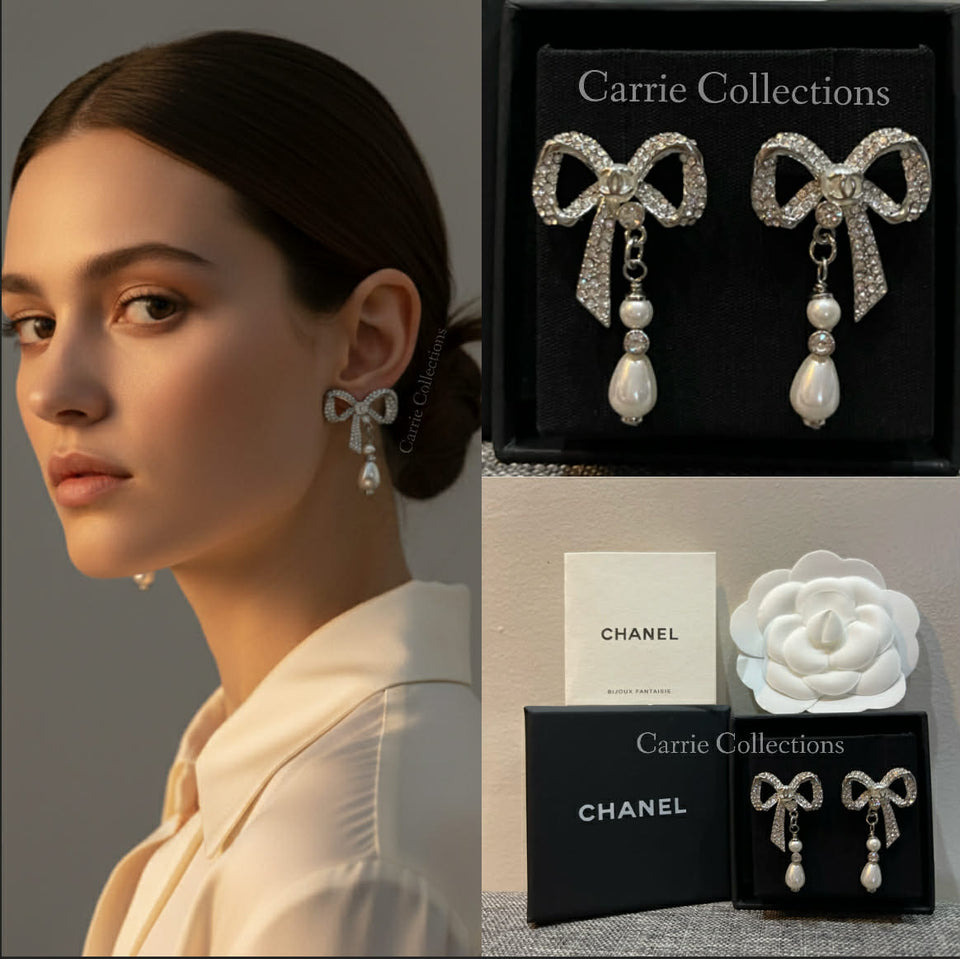 Crystal Bow Teardrop Pearl Earrings - E007