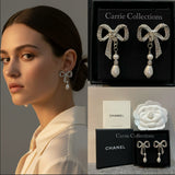 Crystal Bow Teardrop Pearl Earrings - E007