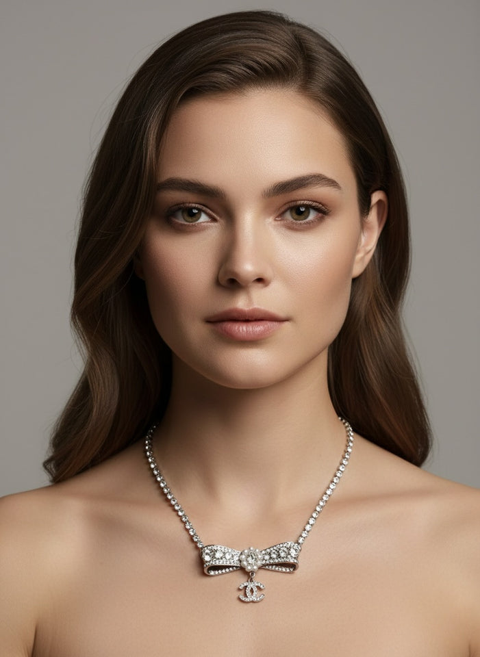 Luxury Crystal Bow Silver Necklace - N004