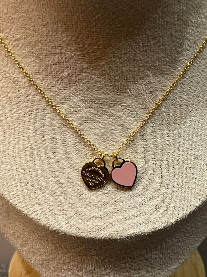 Double Pink Heart Pendant Necklace - N026