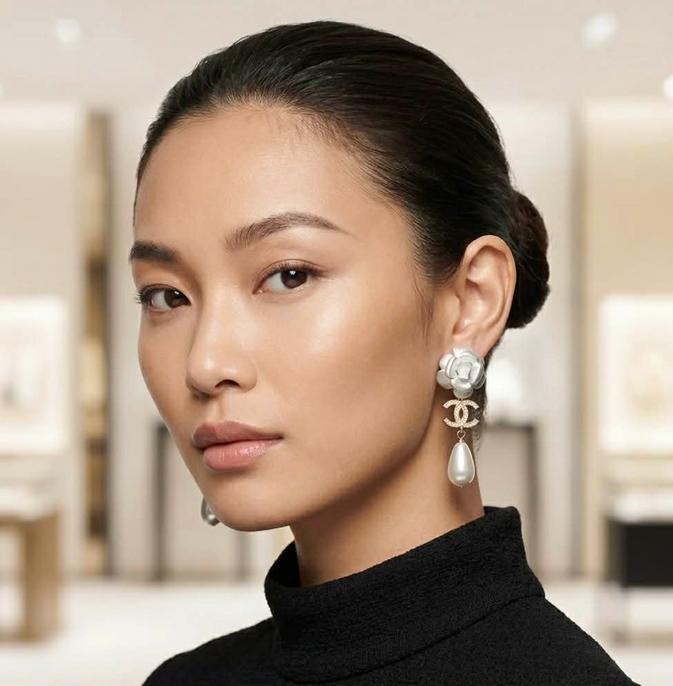 Camellia Pearl CC Teardrop Earrings - E009