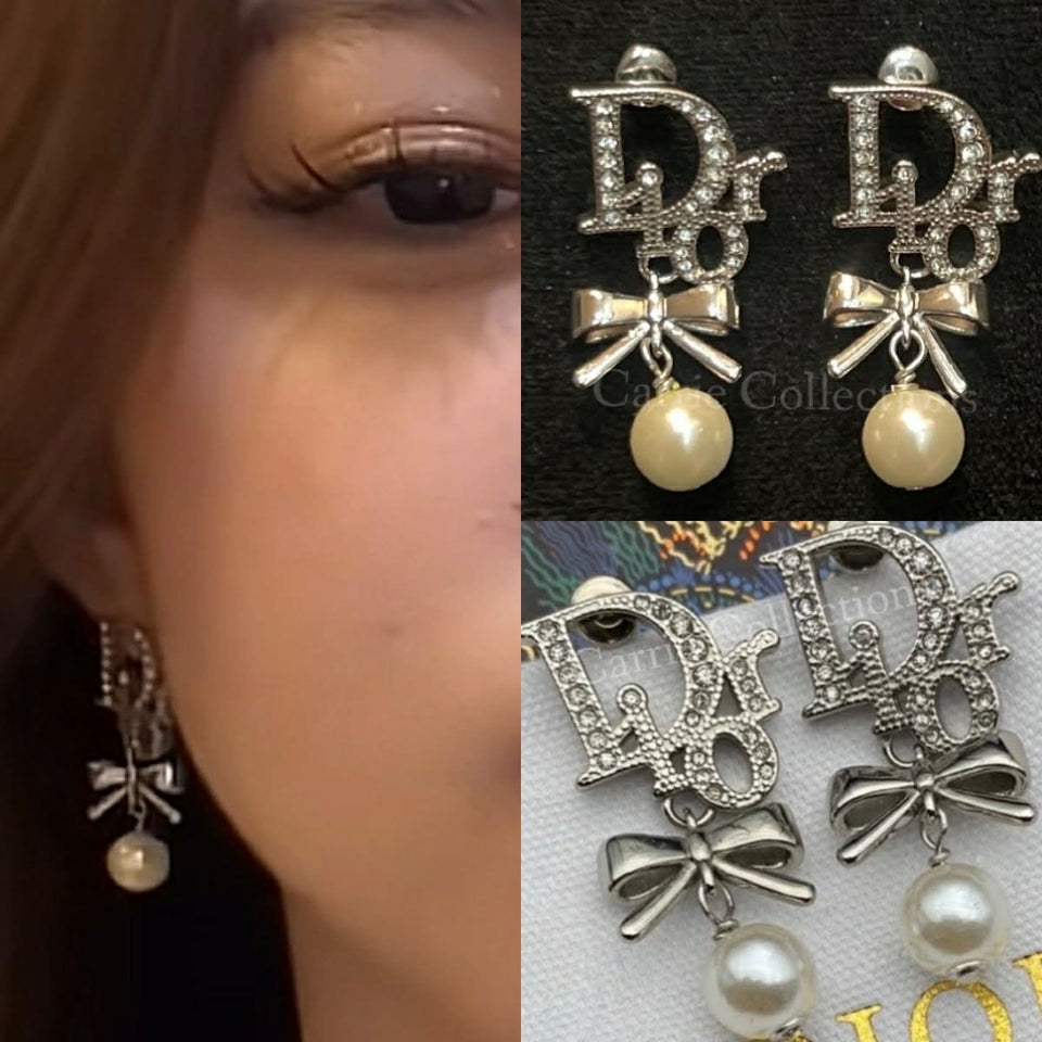 CD Letter Bow Silver Earrings – E016