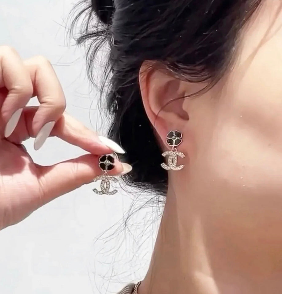 Camellia Black CC Stud Earrings - E029