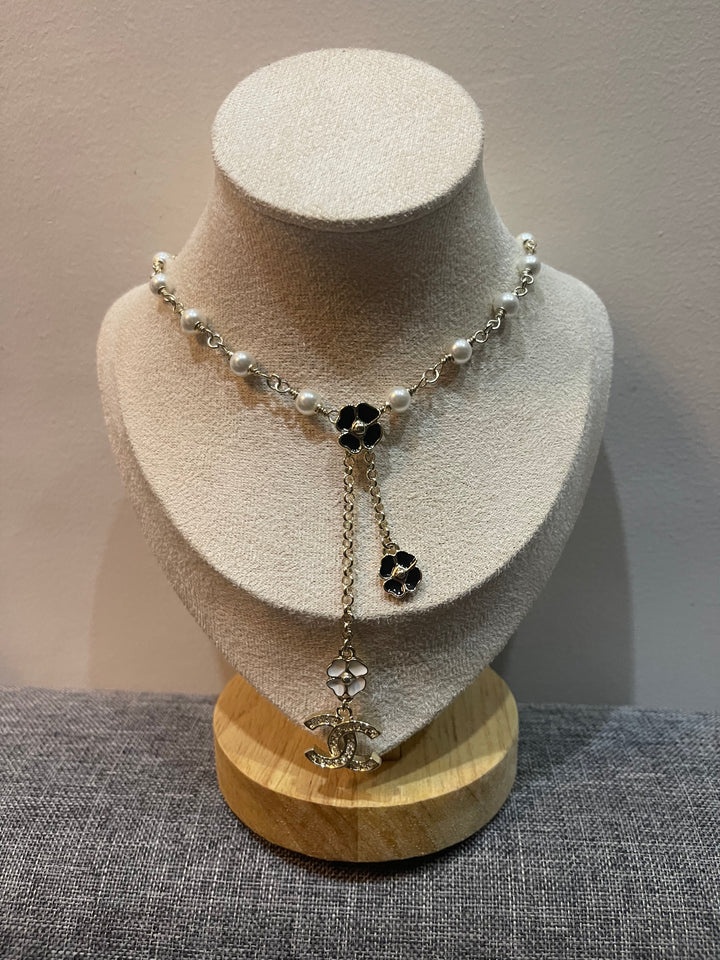 CC Black White Camellia Tassel Necklace – N014