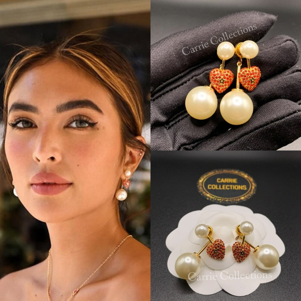 Red Heart Pearl Drop Earrings - E042
