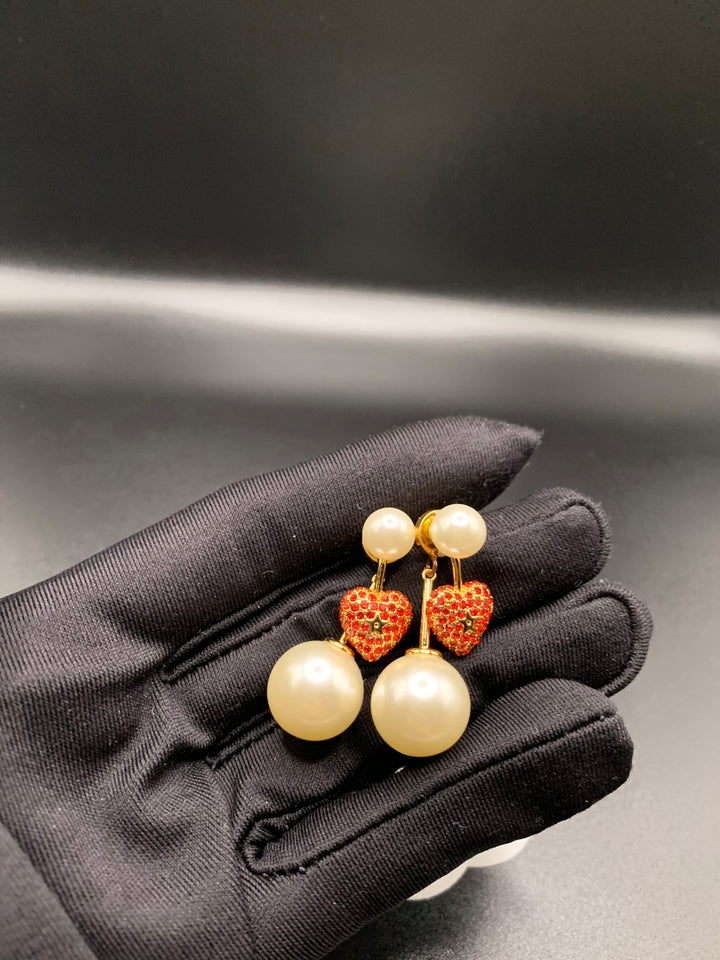 Red Heart Pearl Drop Earrings - E042