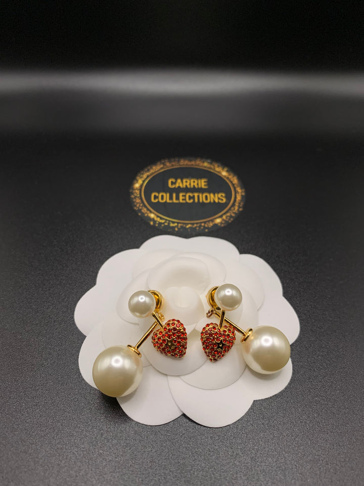 Red Heart Pearl Drop Earrings - E042