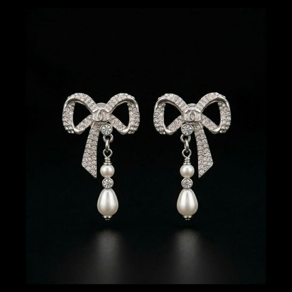 Crystal Bow Teardrop Pearl Earrings - E007