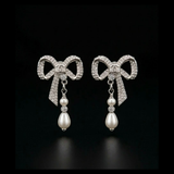 Crystal Bow Teardrop Pearl Earrings - E007