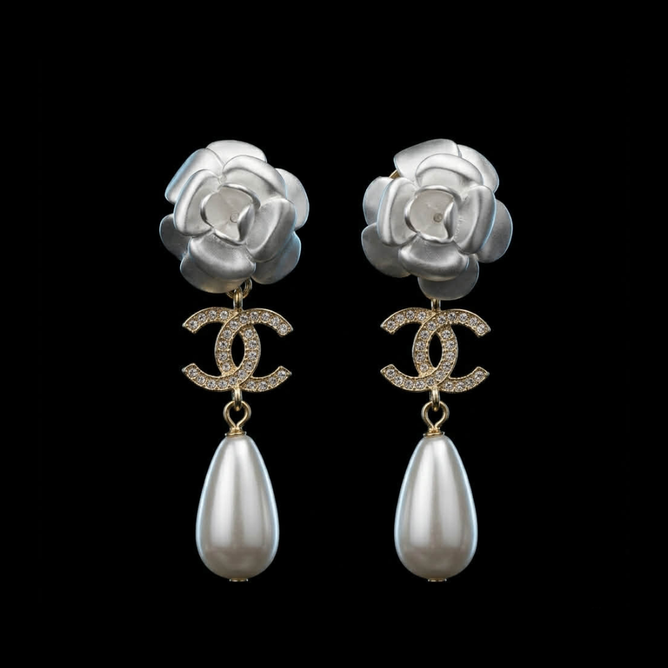 Camellia Pearl CC Teardrop Earrings - E009