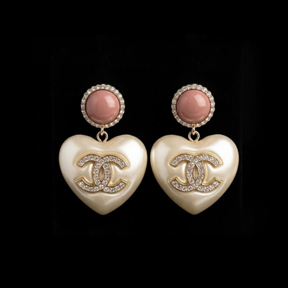 CC Pearl Heart Drop Earrings - E031