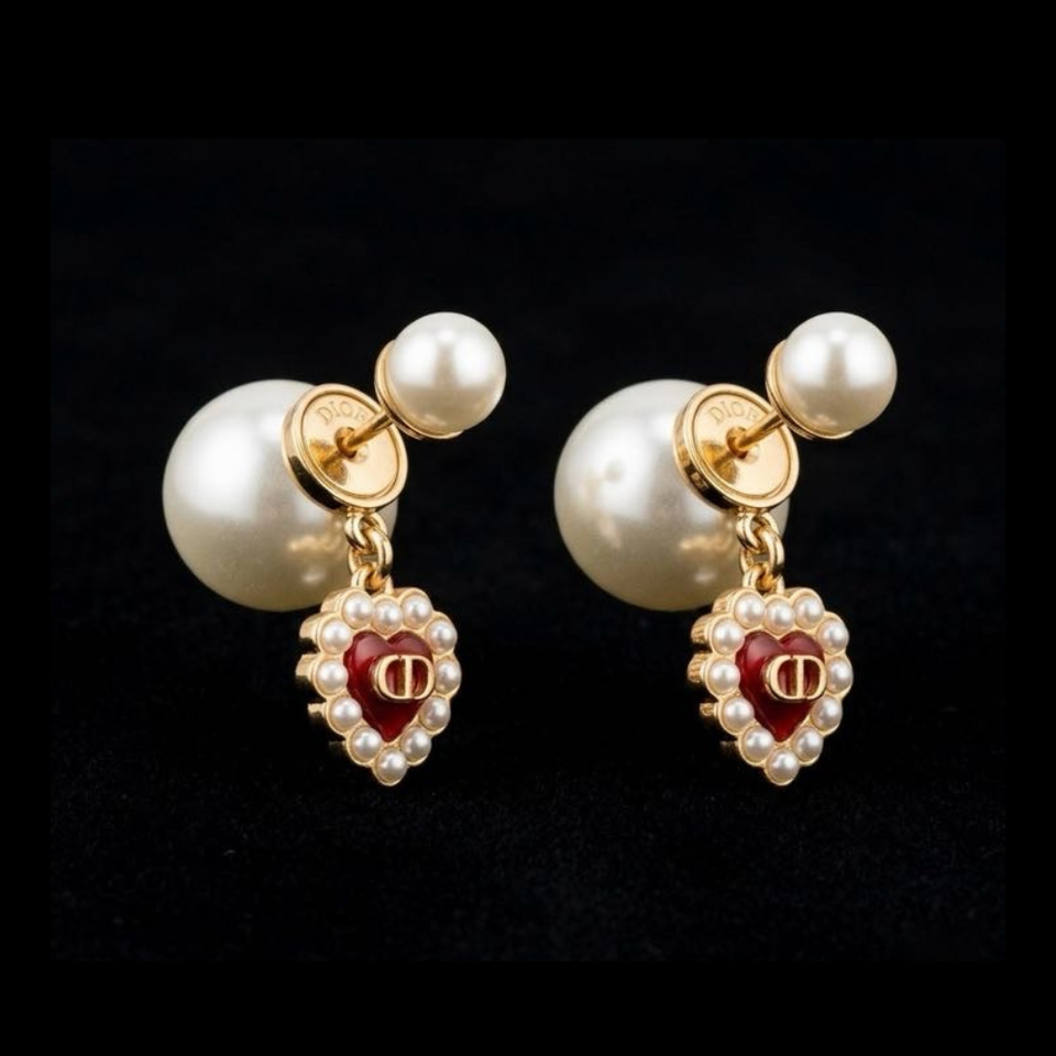 CD Double Pearl Red Heart Earrings - E037