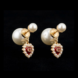 CD Double Pearl Red Heart Earrings - E037