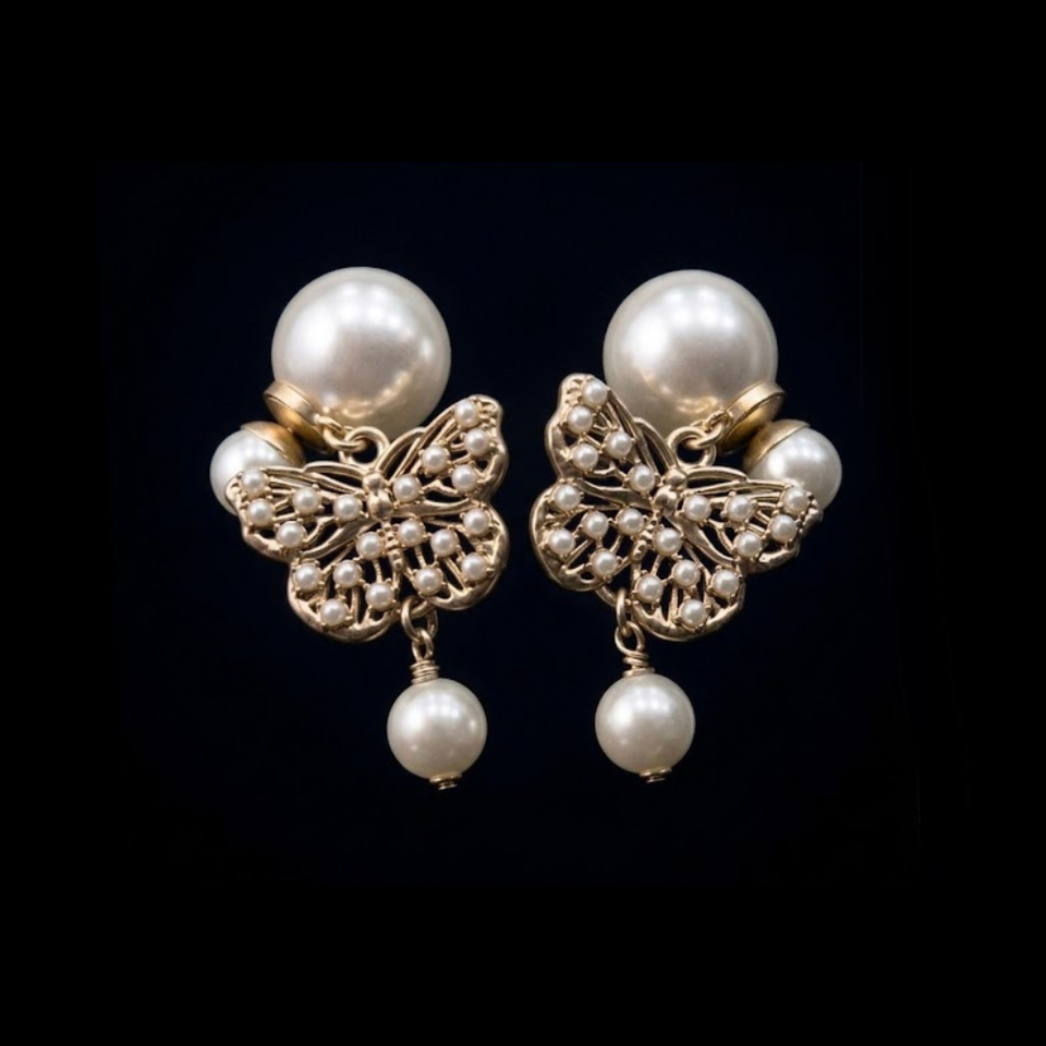 CD Double Pearl Butterfly Earrings - E041
