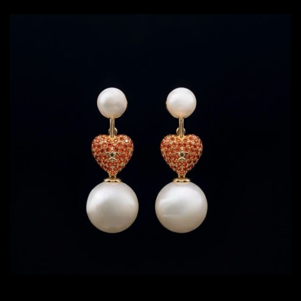 Red Heart Pearl Drop Earrings - E042