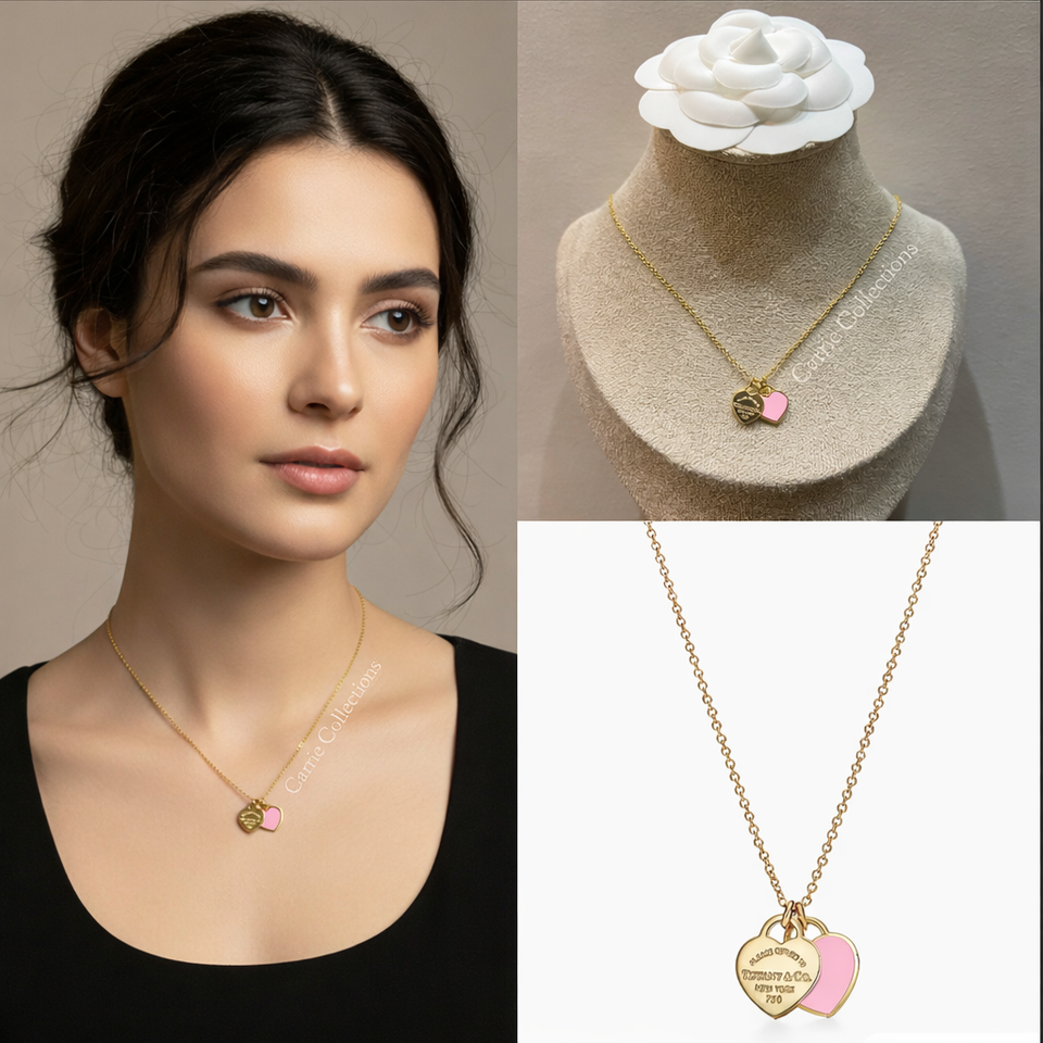 Double Pink Heart Pendant Necklace - N026