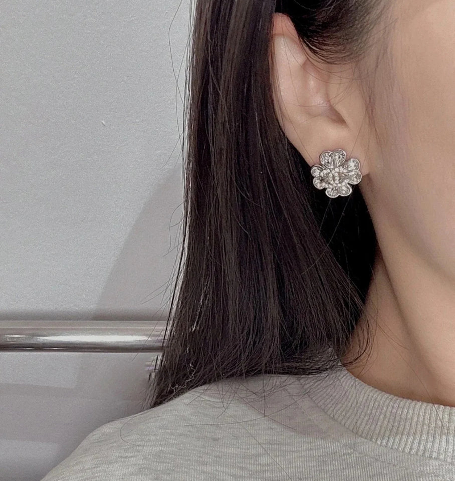 Crystal Camellia Silver Earrings - E026