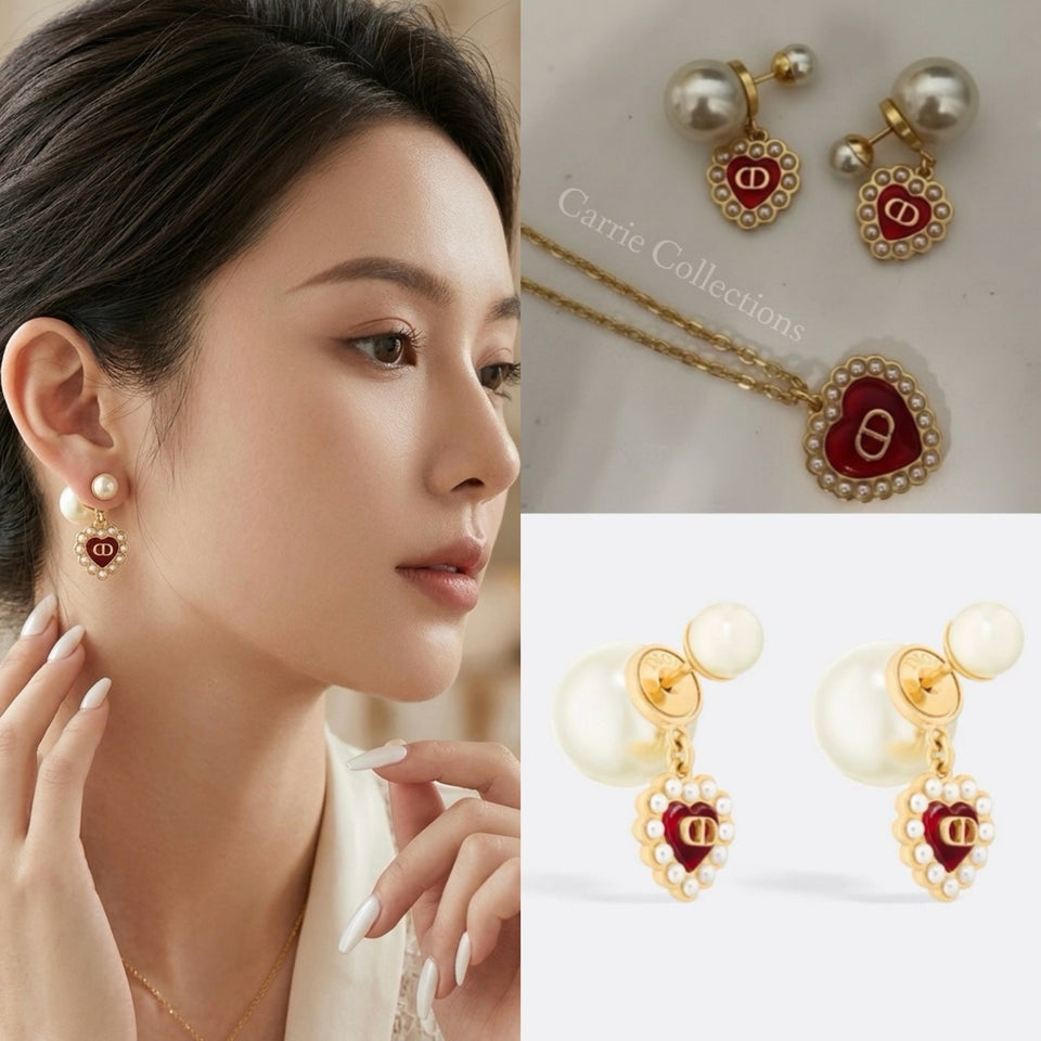 CD Double Pearl Red Heart Earrings - E037