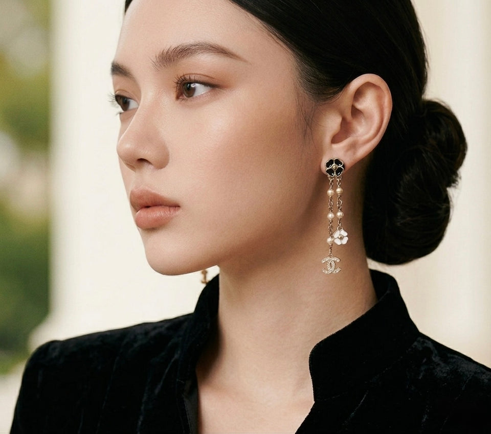 Camellia Black White Long Drop Earrings - E028