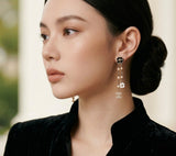 Camellia Black White Long Drop Earrings - E028