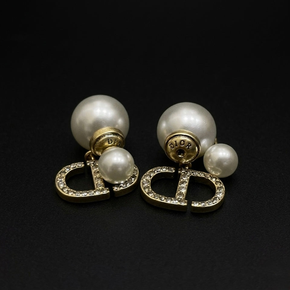 Double Pearl Crystal CD Letter Earrings - E039