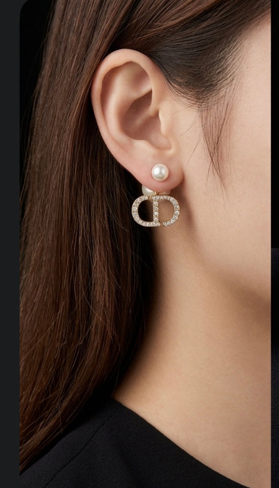 Double Pearl Crystal CD Letter Earrings - E039