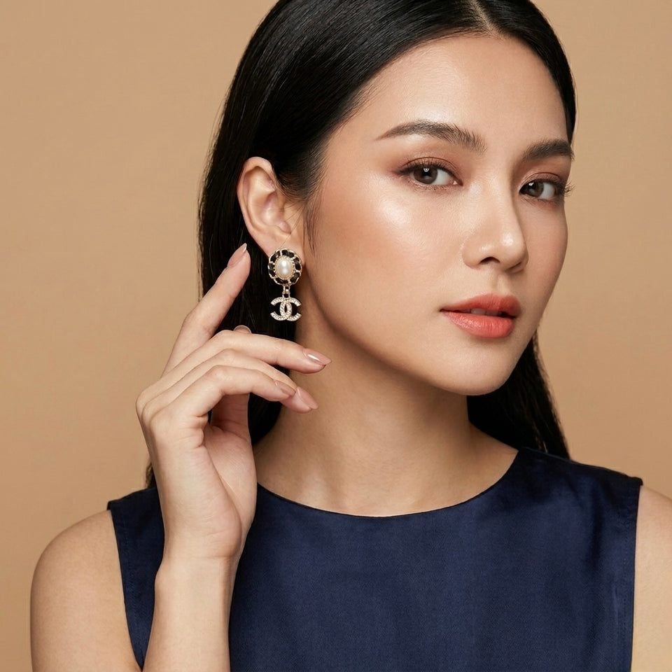 Vintage Round Pearl CC Drop Earrings - E040