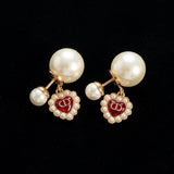 CD Double Pearl Red Heart Earrings - E037