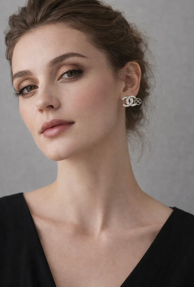 CC Stud with Black Camellia Earrings - E033