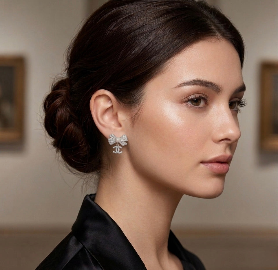 Elegant Bow Silver CC Earrings - E025