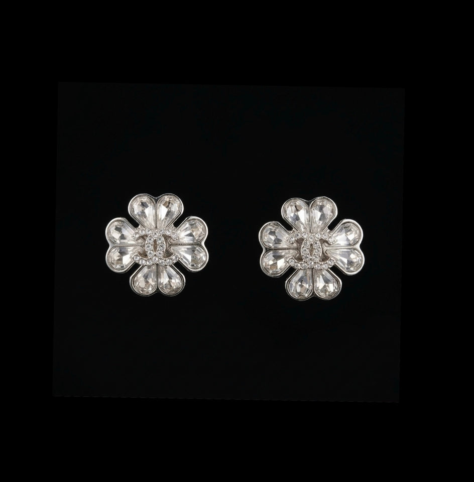 Crystal Camellia Silver Earrings - E026