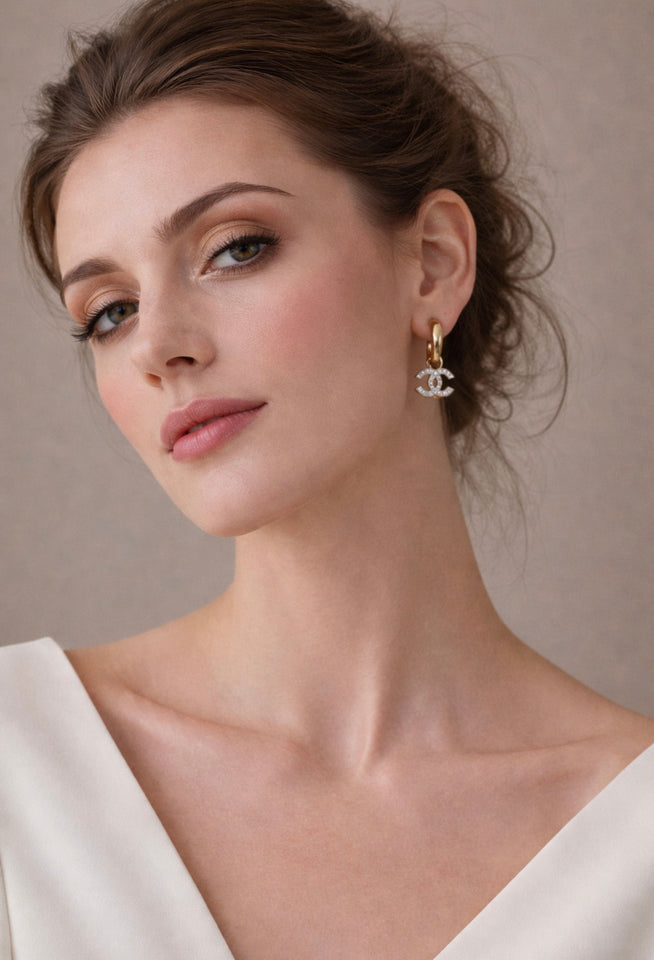 Gold Hoop Silver CC Drop Earrings - E034