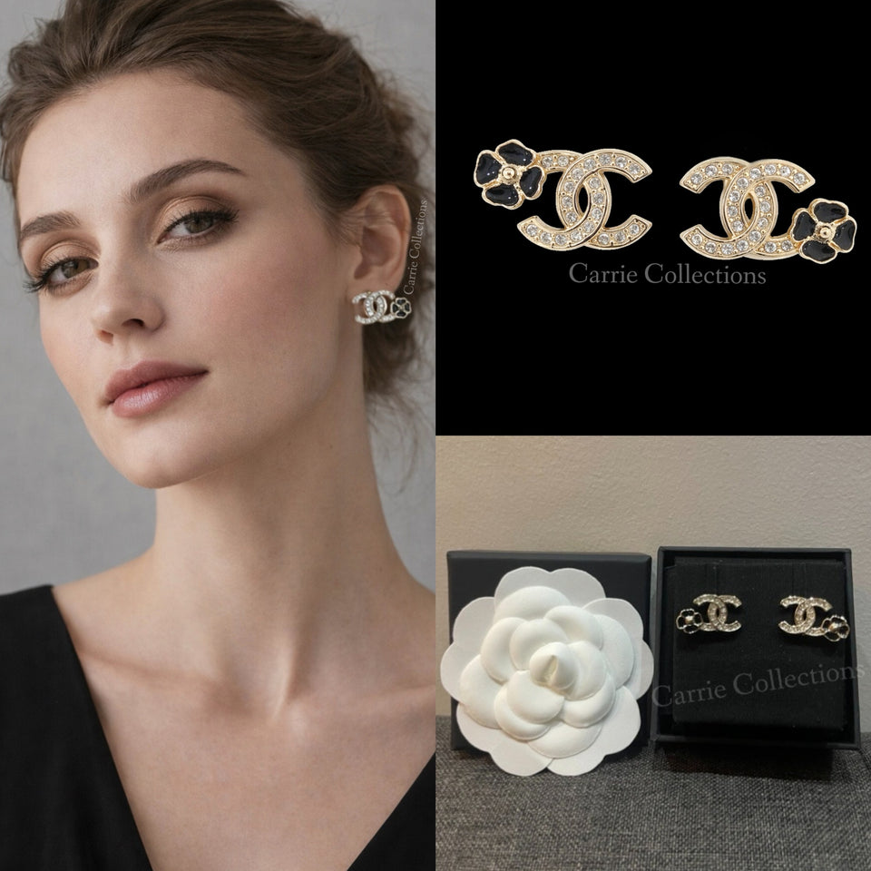 CC Stud with Black Camellia Earrings - E033