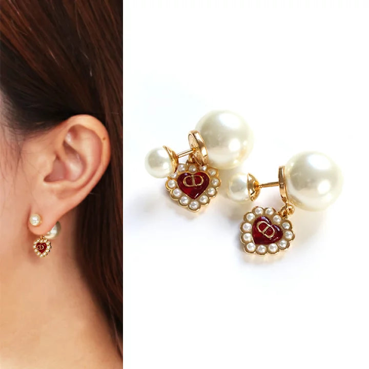 CD Double Pearl Red Heart Earrings - E037