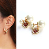 CD Double Pearl Red Heart Earrings - E037