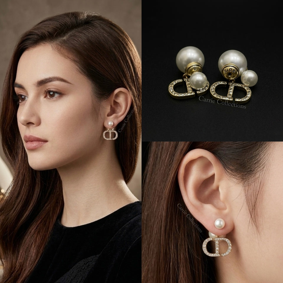 Double Pearl Crystal CD Letter Earrings - E039