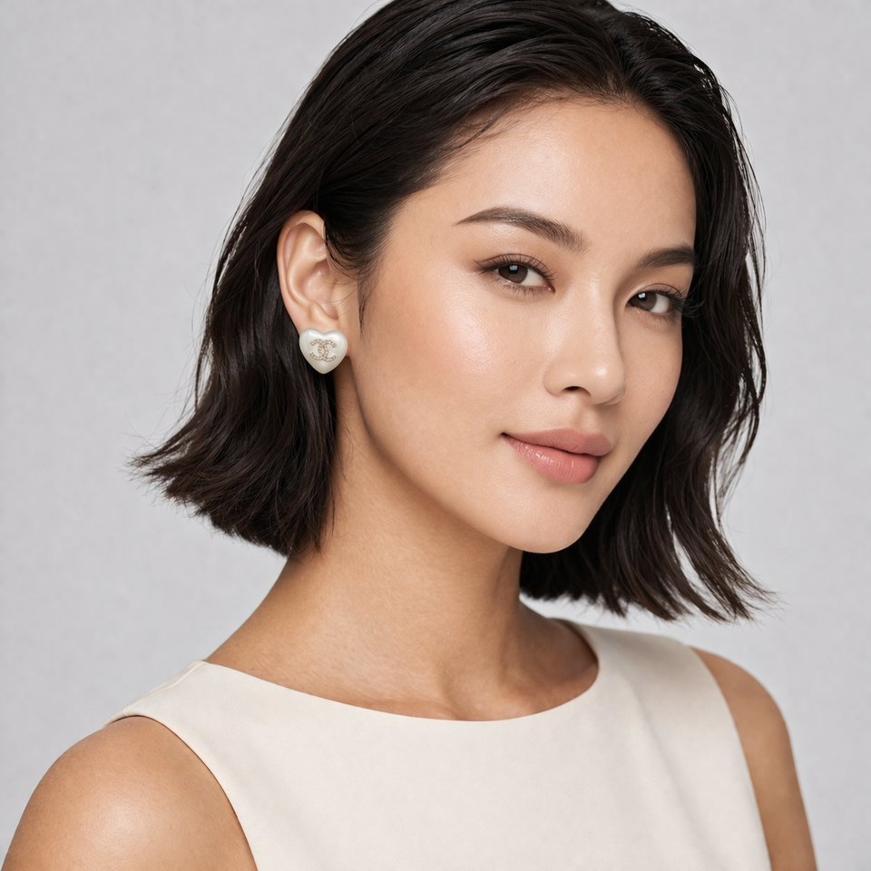 CC Pearl Heart Stud Earrings - E036