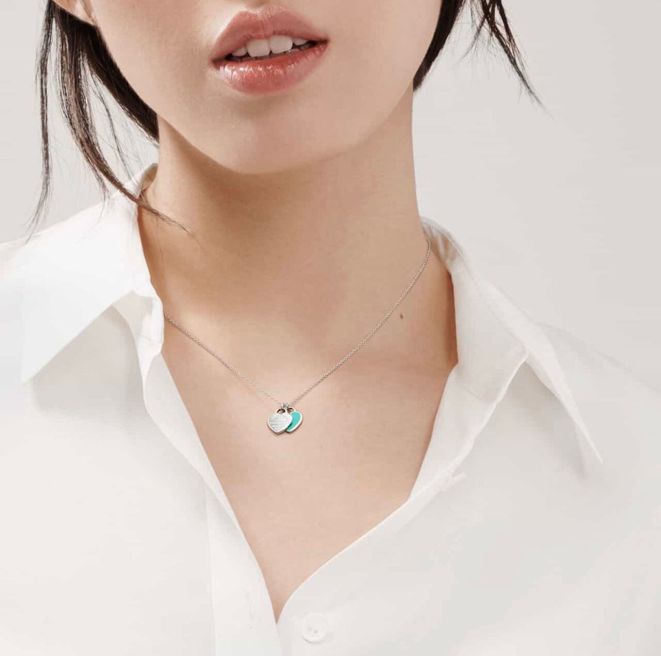 Tiffany Double Heart Turquoise Silver Necklace - N031
