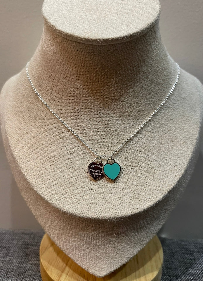 Tiffany Double Heart Turquoise Silver Necklace - N031