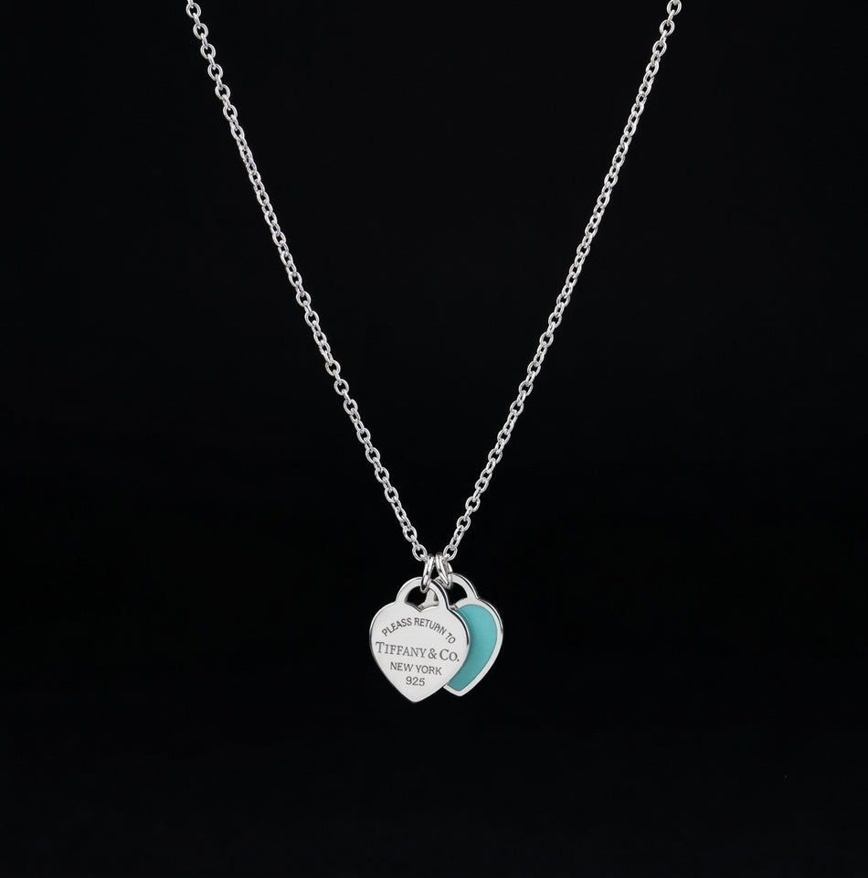 Tiffany Double Heart Turquoise Silver Necklace - N031
