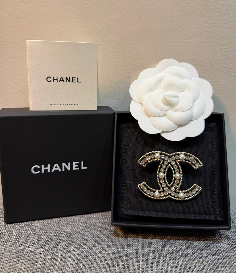 Crystal and Pearl Embellished CC Brooch - BR002