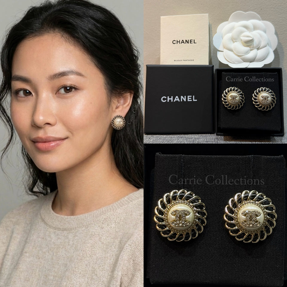 Pearl & Leather Chain Round CC Earrings - E047