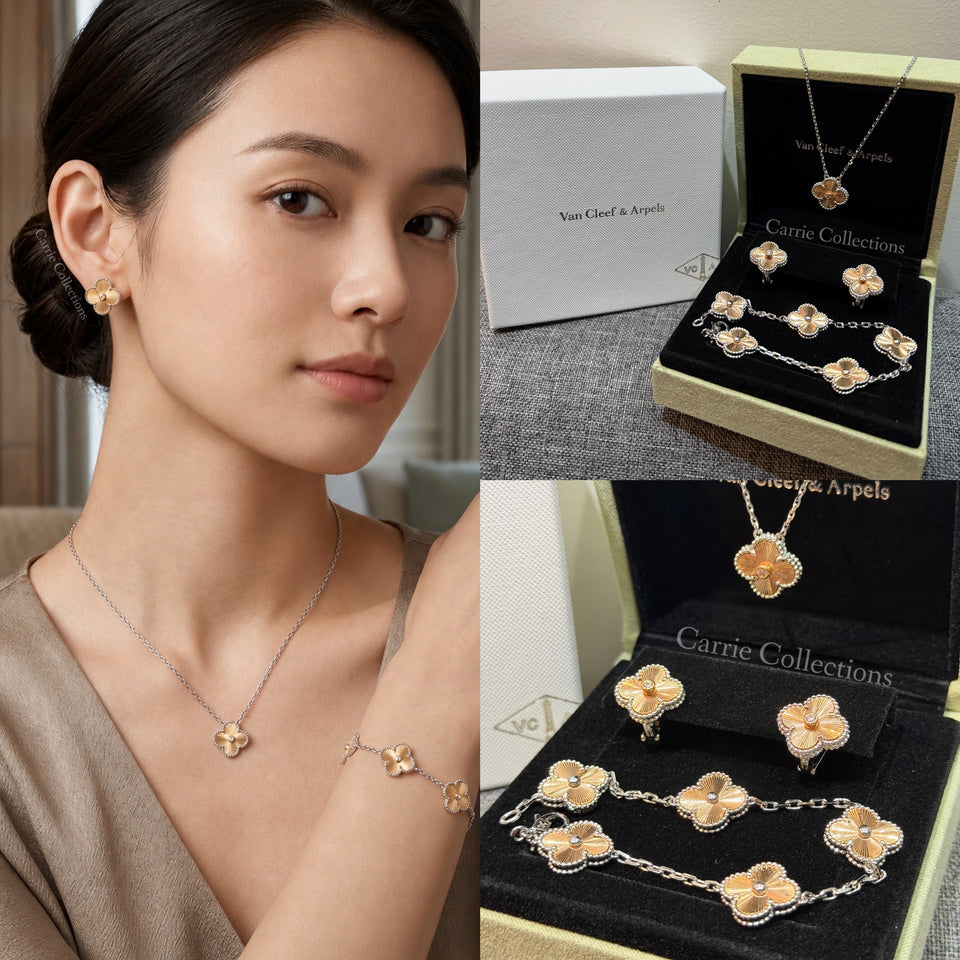 VCA Clover Two Tone Guilloche Jewelry Set - S003