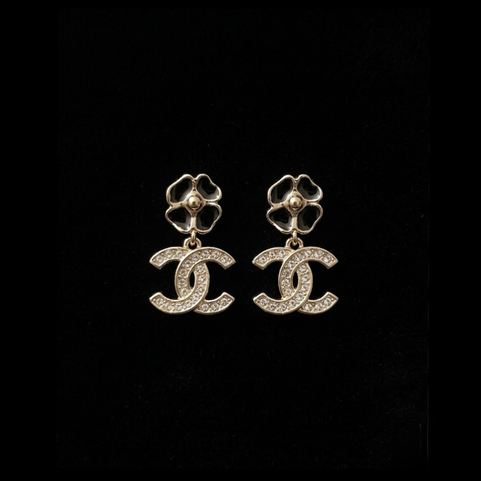 Camellia Black CC Stud Earrings - E029
