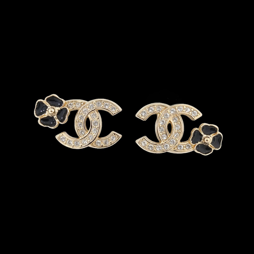 CC Stud with Black Camellia Earrings - E033